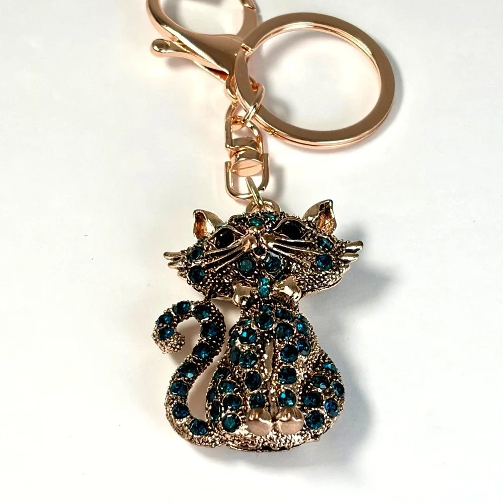 Whimsical Keychain Cat‎ Emerald Teal Rhinestone Gold Boho Bag Charm Gift Kitty